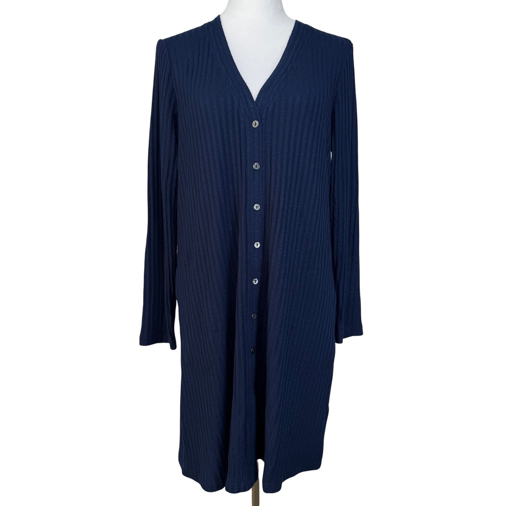 Susan Graver Womens Cardigan M Navy Blue Ribbed Knit V-Neck Longline Button Up